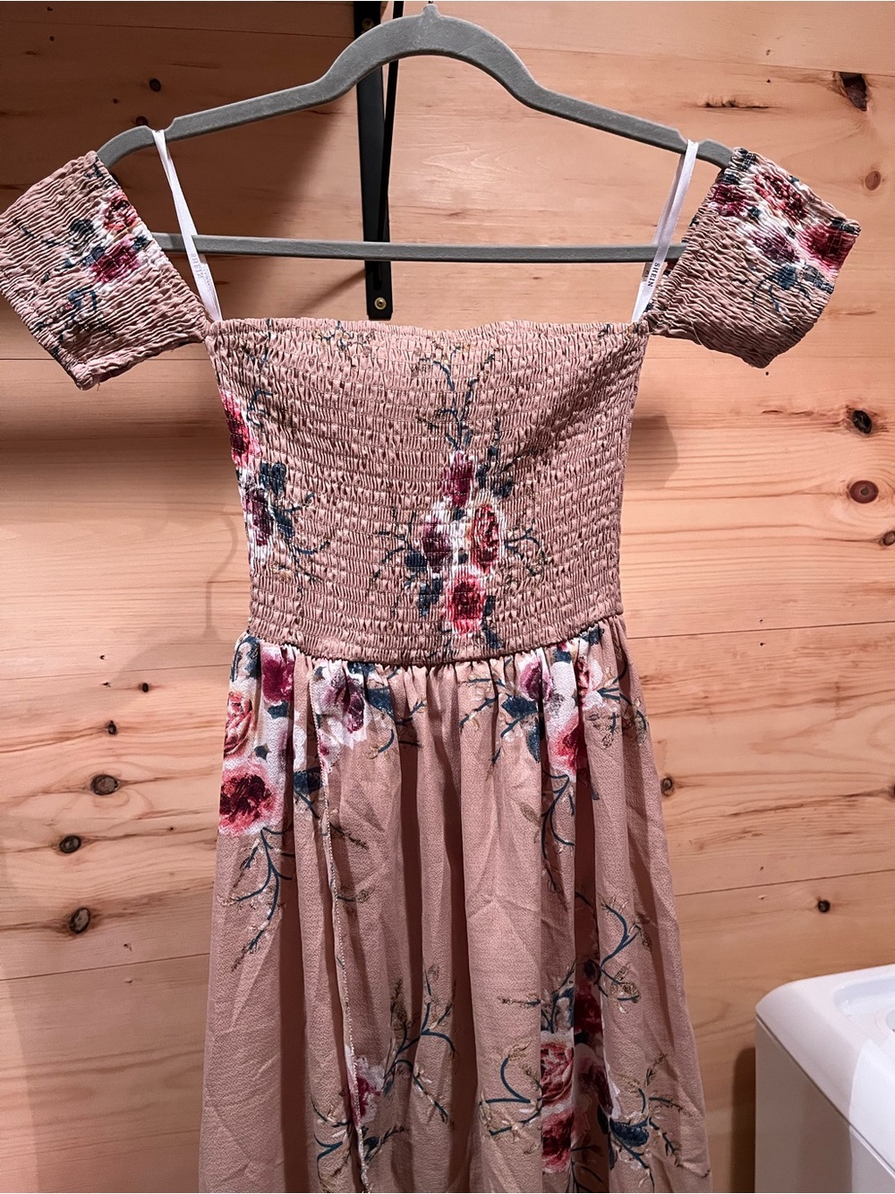 SHEIN Dusty Pink Floral Smocked Off-Shoulder Kids Dress